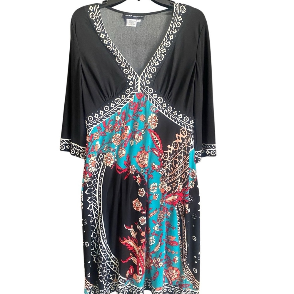 Donna Morgan Dress Women's Size 10 Multi-Colored Print V-Neck 3/4 Sleeves